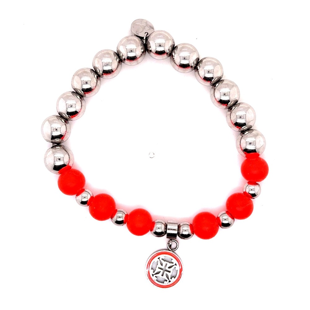 Rustic Cuff Silver Tone and Matte Red Bead Stretch Bracelet with Cross Charm